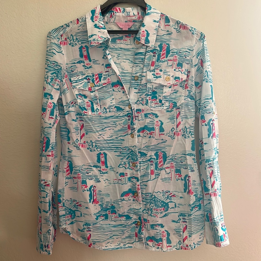 Lilly Pulitzer “Watch Out” Lighthouse Print Button Top